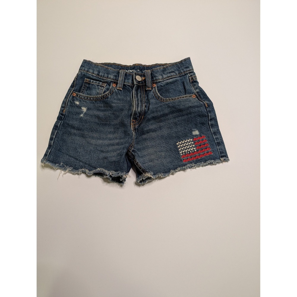 Old Navy High-Rise Built-In Tough Denim Shorts Embroidered Flag Floral Blue‎ 10